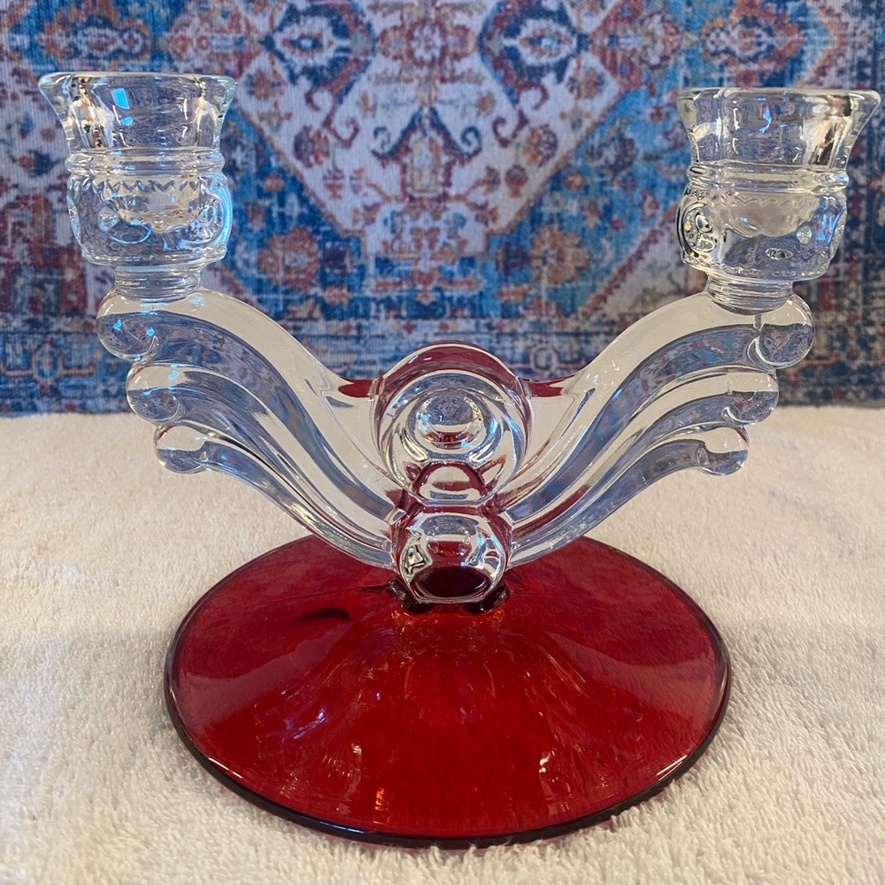 Tiffin-Franciscan Kings Crown Cranberry Flashed Double Light Candleholder